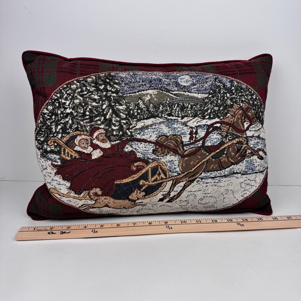 Vtg Rectangle 17x12.5inch‎ Winter Christmas Sleigh Ride Tapestry Throw Pillow